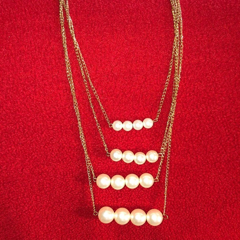 Fashion Four Layered Gold Tone Necklace with Faux Pearls